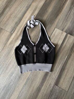 SHEIN: Black & Gray Argyle Knit Cropped Halter Button Front Tank Top, Size M